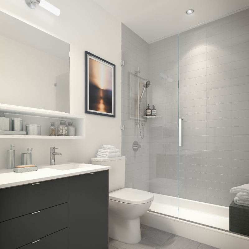 Modern, grey and white, clean bathroom